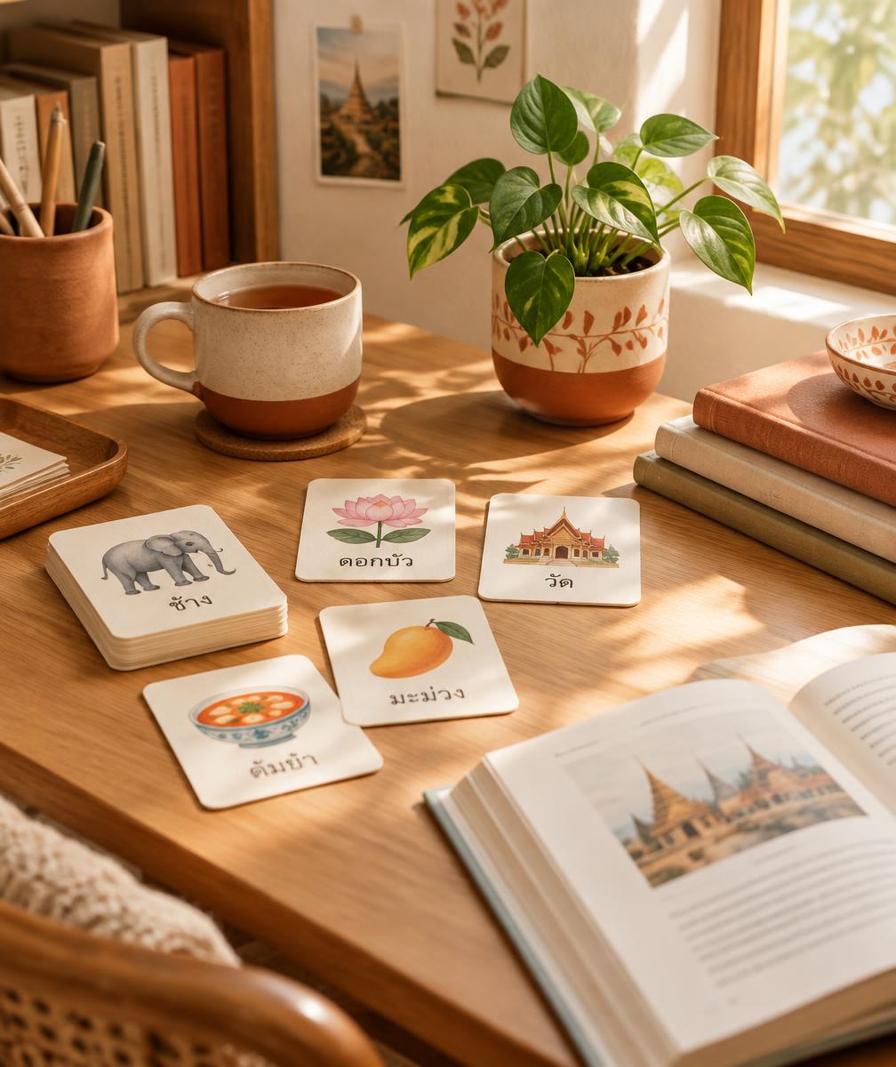 A teaching desk with Thai flashcards and tea